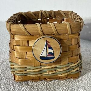 5/$35 Vintage Small Square Nautical Woven Basket with Sailboat Design